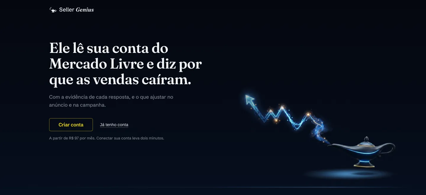 Página inicial do Seller Genius: título sobre a conta do Mercado Livre e uma lâmpada com um gráfico em queda
